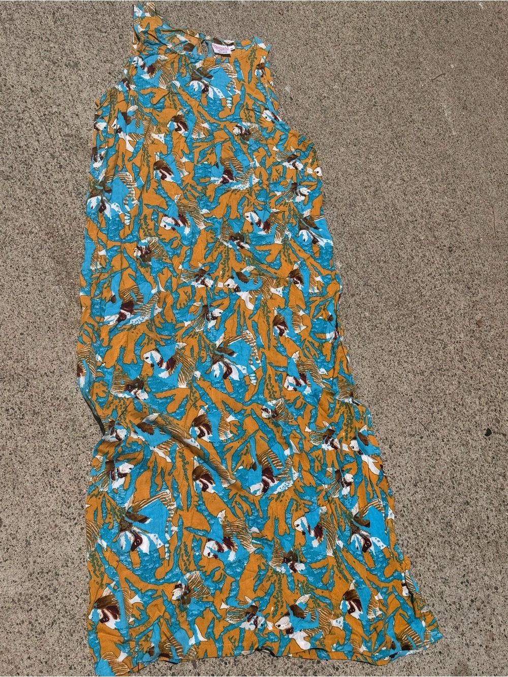 Vintage Sleeveless Turquoise & Mustard Floral Maxi Dress, M